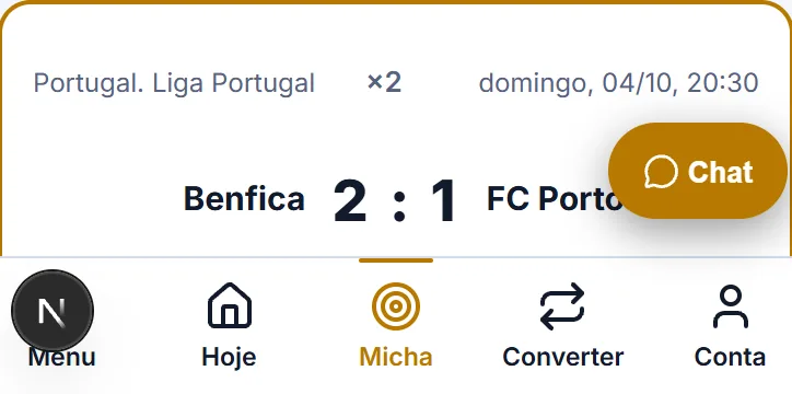 Cartão de um jogo com a previsão 2:1, a primeira equipa a marcar e o selo ×2