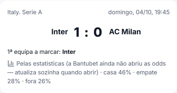 Cartão de um jogo com previsão pelas estatísticas e as probabilidades de casa, empate e fora
