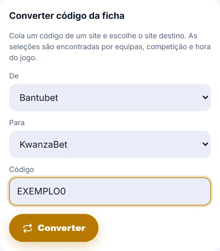Formulário do Conversor com Bantubet em De, KwanzaBet em Para e um código de exemplo
