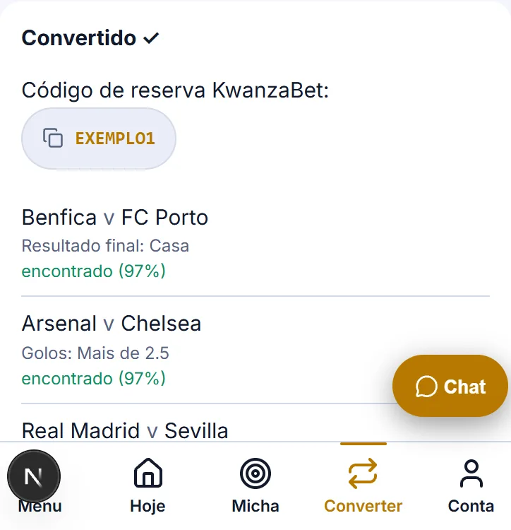 Resultado convertido com o código de reserva da KwanzaBet e as três seleções encontradas