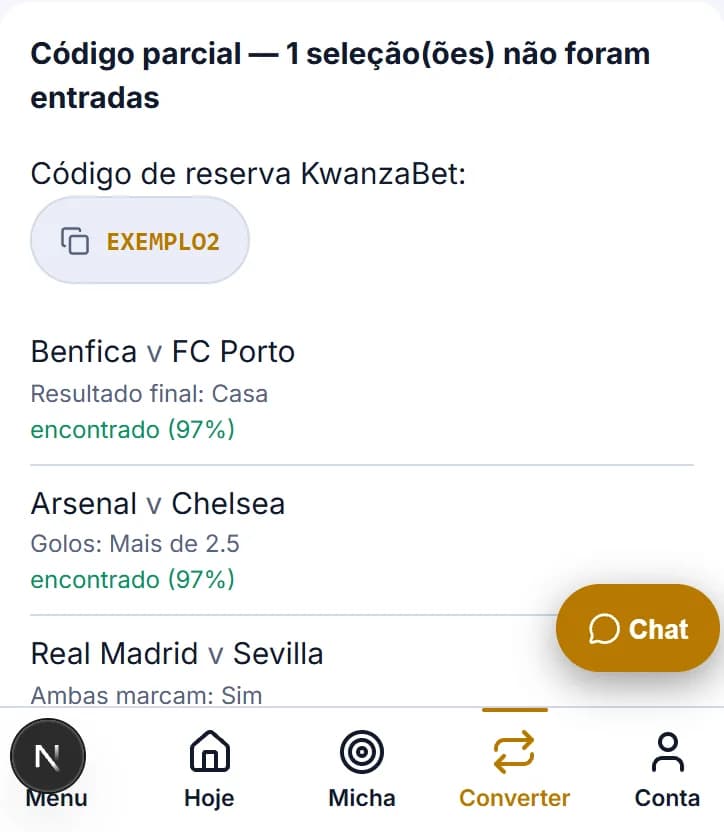 Código parcial com uma seleção não encontrada porque o mercado não tem equivalente no site destino
