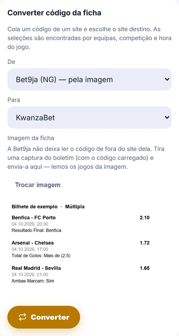 Conversor com Bet9ja pela imagem em De, KwanzaBet em Para e a pré-visualização de um bilhete de exemplo
