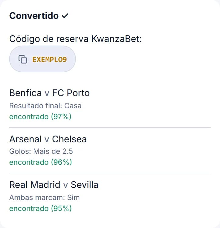 Resultado Convertido com o código de reserva da KwanzaBet e as três seleções lidas da imagem