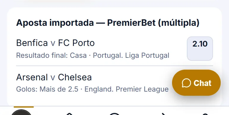 Aposta importada do PremierBet, múltipla, com dois jogos de exemplo