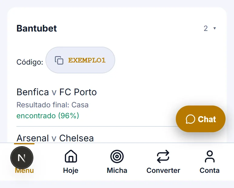 Cartão da Bantubet com o código de exemplo e as duas seleções encontradas