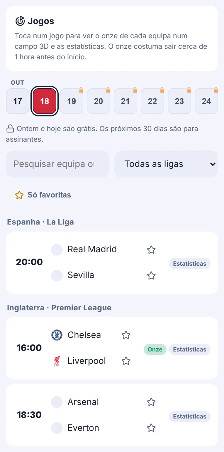 Menu Jogos com o seletor de dias, o domingo a vermelho, os cadeados nos próximos dias e os jogos de hoje agrupados por competição