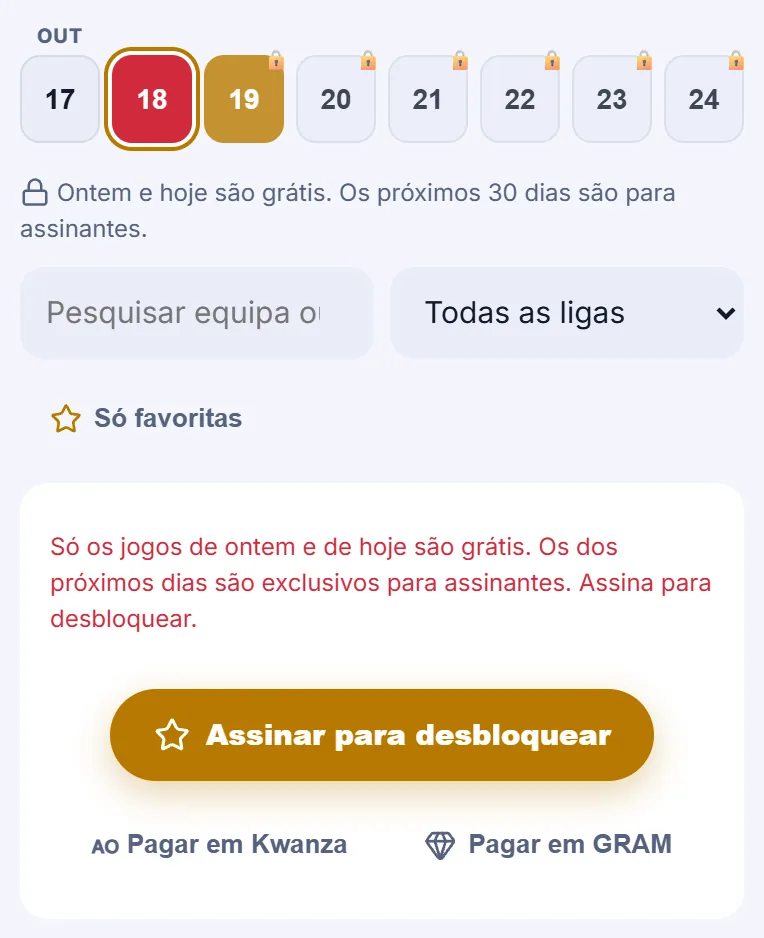 Convite a assinar que aparece ao tocar num dia com cadeado, com o botão Assinar para desbloquear (em Kwanza) e as alternativas Pagar com Stars e Pagar em GRAM