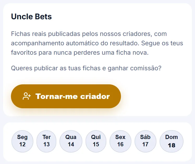Topo do Uncle Bets com a explicação, o botão Tornar-me criador e o calendário dos últimos 7 dias