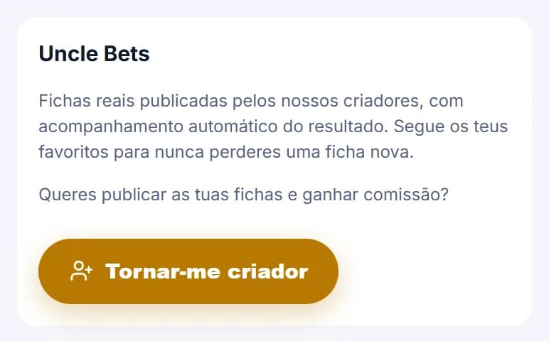 Cartão do Uncle Bets com o botão Tornar-me criador