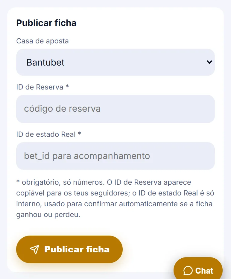 Cartão Publicar ficha com a casa de aposta, o ID de Reserva, o ID de estado Real e o botão Publicar ficha