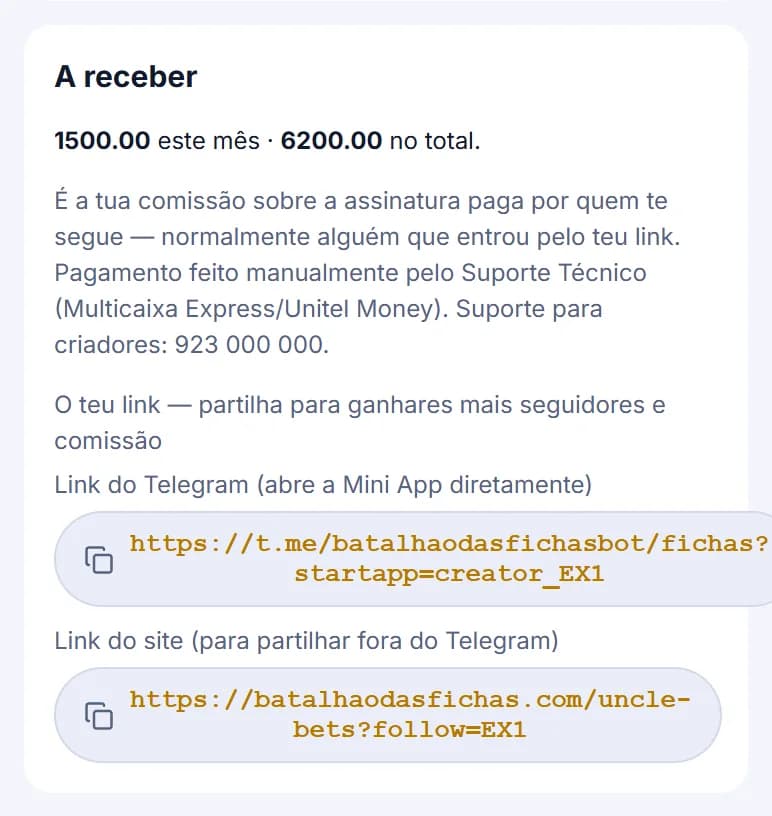 Cartão A receber com a comissão de exemplo do mês e total e os links do criador