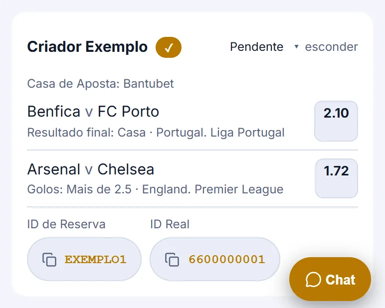 Ficha de exemplo do Criador Exemplo, pendente, na Bantubet, com dois jogos, o ID de Reserva e o ID Real