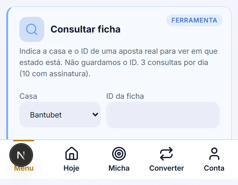 Cartão Consultar ficha do Vibe, com os campos Casa e ID da ficha e o botão Consultar