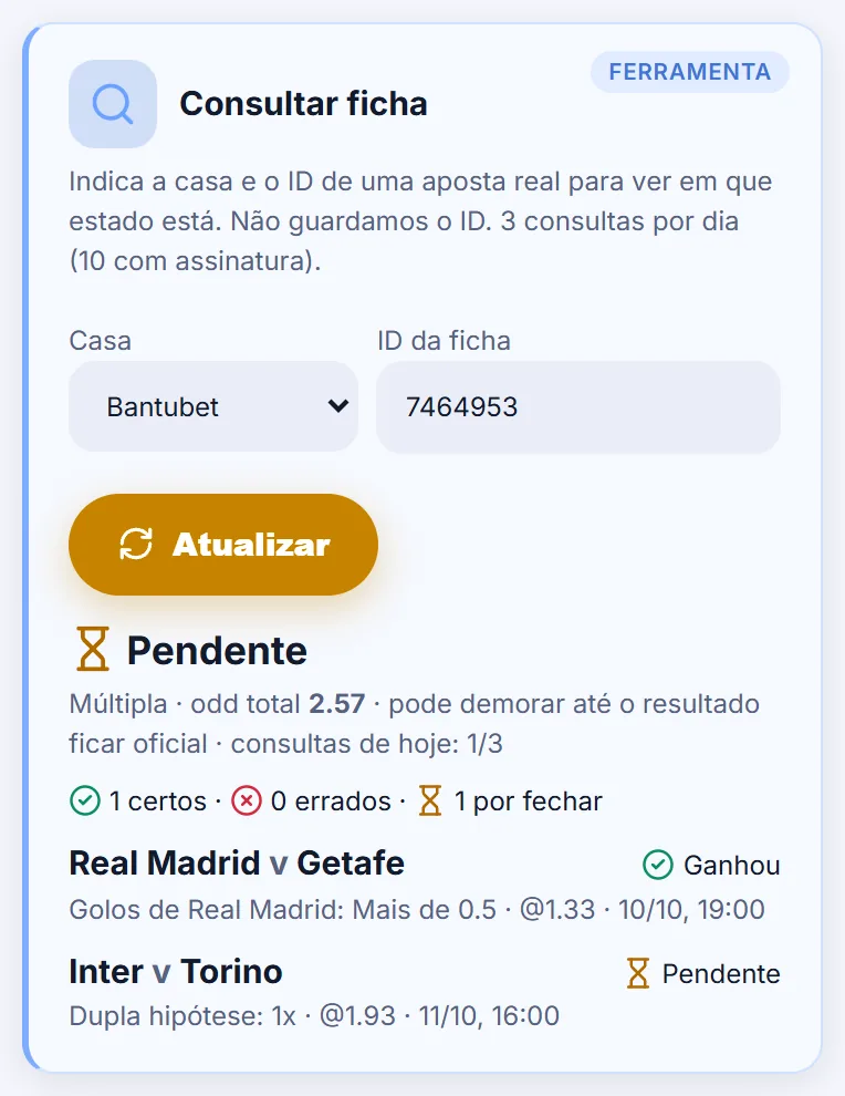 Resultado da consulta: ficha múltipla pendente com odd total 2.57, o resumo de certos e por fechar, e dois jogos de exemplo, um ganho e outro pendente