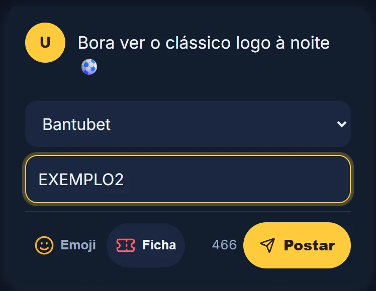 Caixa Qual é o palpite? com um texto de exemplo, a casa Bantubet escolhida, o código EXEMPLO2 e o botão Postar