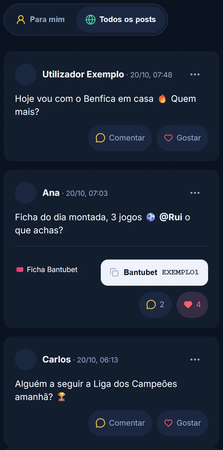 Separador Todos os posts com três posts de exemplo, um deles com uma ficha Bantubet e quatro gostos
