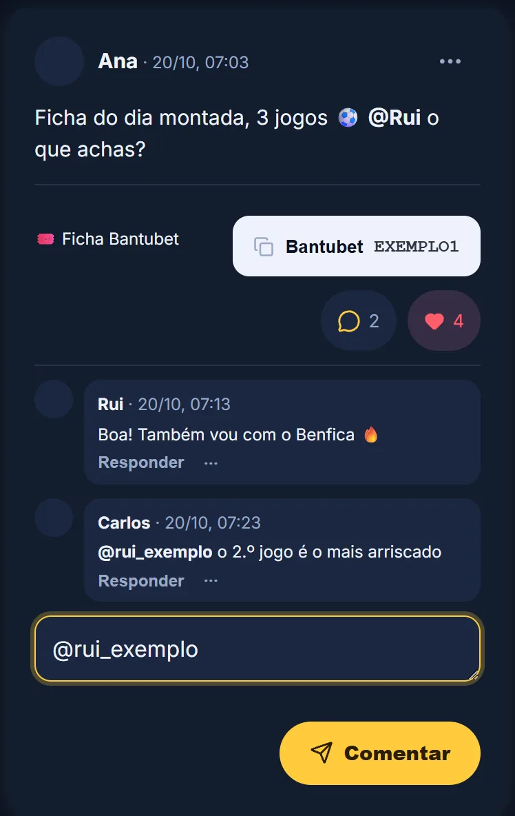 Post de exemplo com dois comentários abertos, os botões Responder e a caixa de comentário com @rui_exemplo