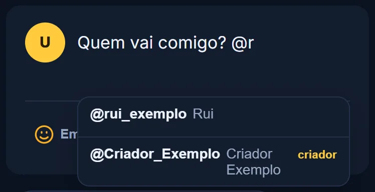 Caixa Qual é o palpite? com @r escrito e a lista de sugestões com @rui_exemplo e @Criador_Exemplo