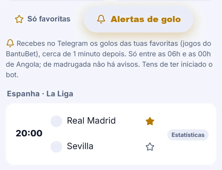 Menu Jogos com os botões Só favoritas e Alertas de golo ligado, a nota sobre os avisos e o Real Madrid marcado como favorito com a estrela amarela