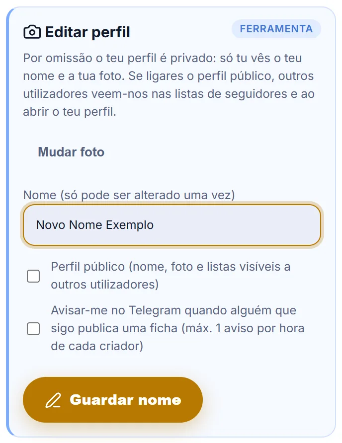 Cartão Editar perfil com o campo Nome preenchido com Novo Nome Exemplo e o botão Guardar nome