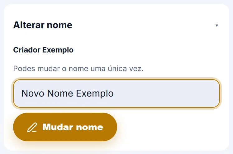 Secção Alterar nome do Painel do Criador com o nome atual Criador Exemplo, o campo novo nome e o botão Mudar nome