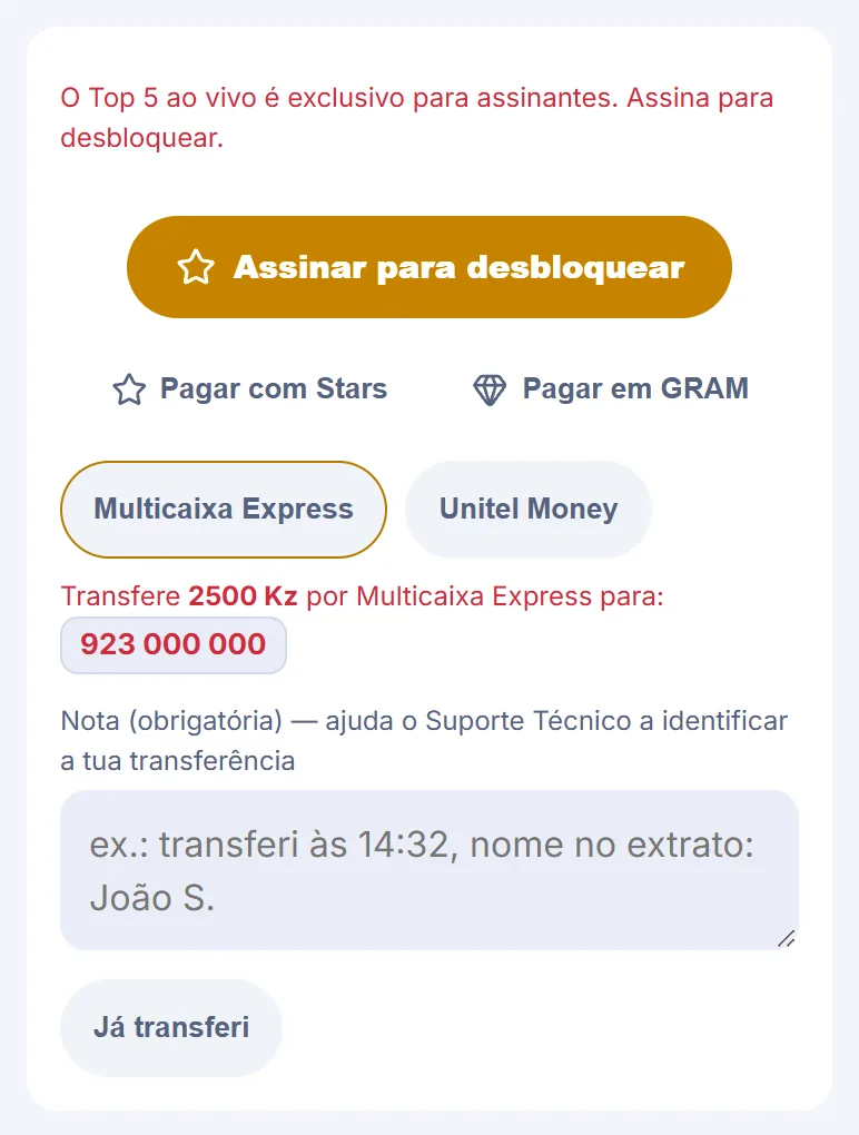 Formulário de pagamento em Kwanza com Multicaixa Express escolhido, o valor e o número de exemplo e o campo da nota