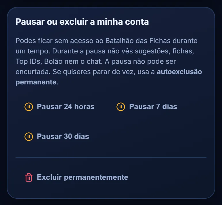 Cartão Pausar ou excluir a minha conta com os botões Pausar 24 horas, 7 dias e 30 dias e o botão Excluir permanentemente
