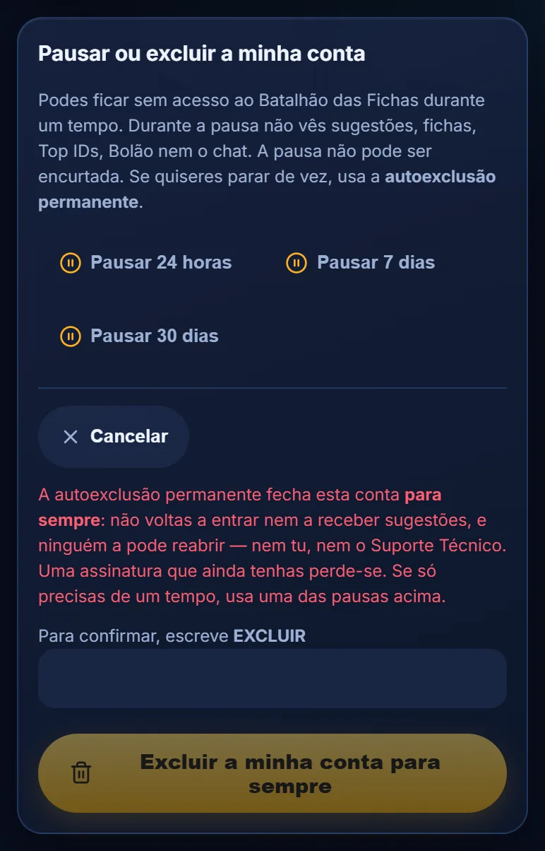 Secção de autoexclusão permanente aberta, com o aviso, o campo para escrever EXCLUIR e o botão Excluir a minha conta para sempre desativado