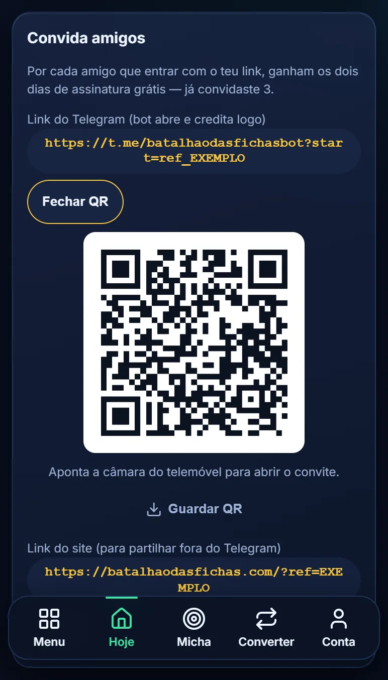 Cartão Convida amigos com o código QR do link do Telegram aberto e o botão Guardar QR