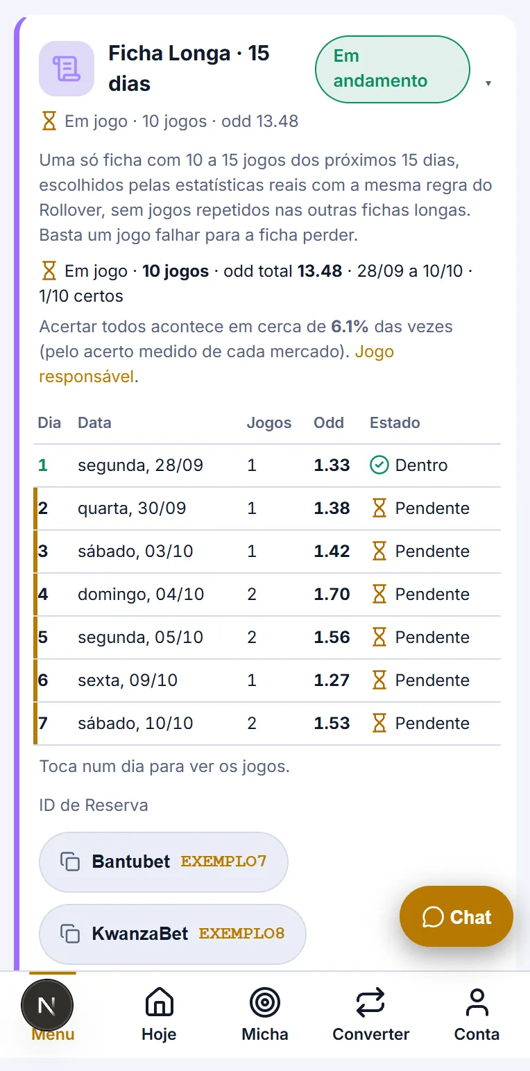 Cartão da Ficha Longa com a odd total, a probabilidade de acertar tudo, a tabela por dias e os códigos de reserva de exemplo