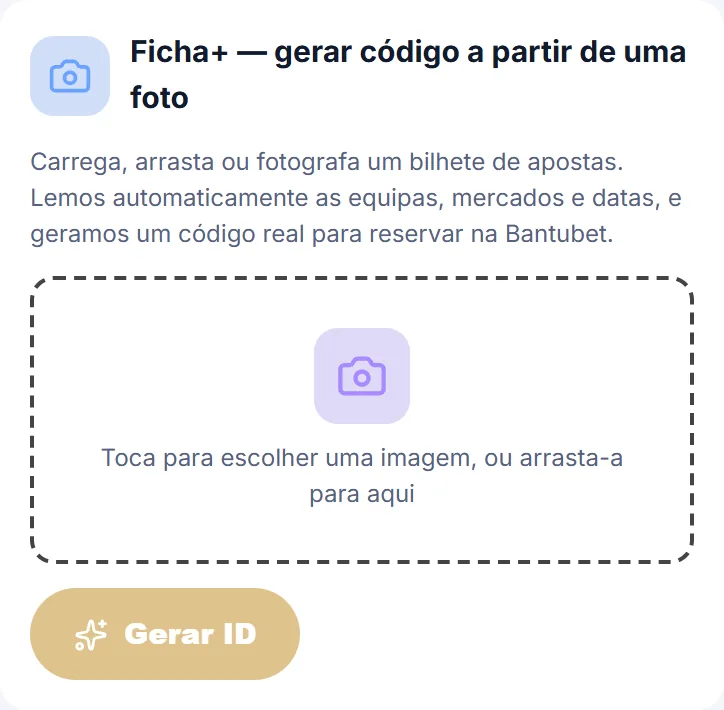 Ecrã do Ficha+ com a área para escolher a imagem e o botão Gerar ID