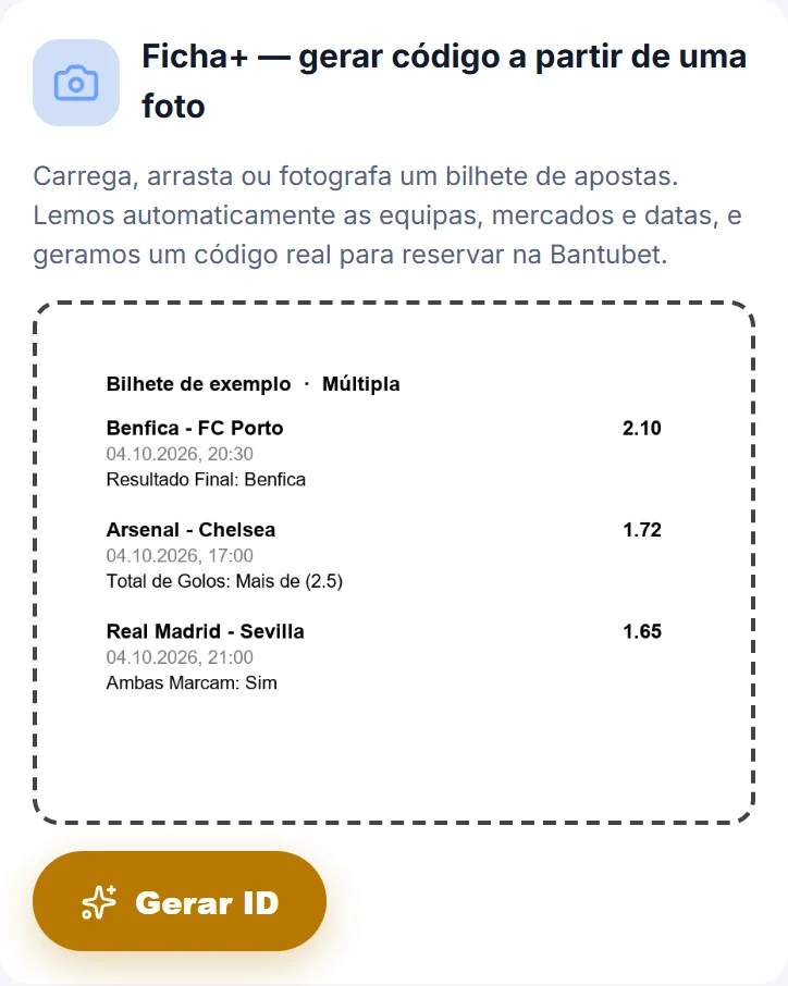 Ficha+ com a pré-visualização de um bilhete de exemplo com três jogos