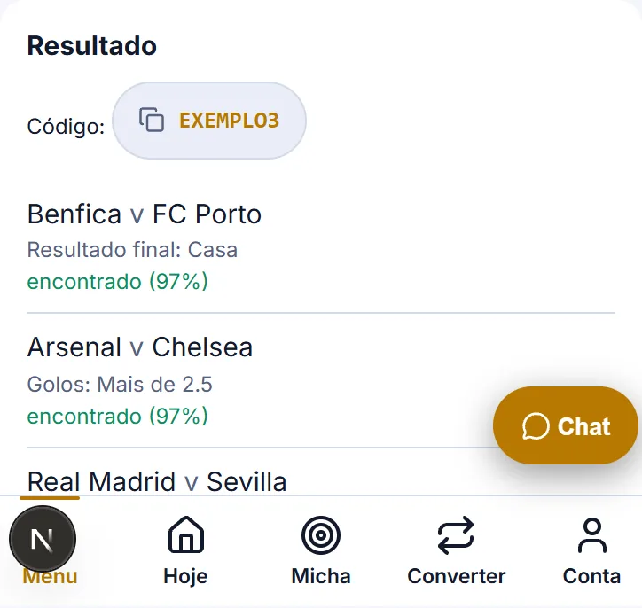 Resultado do Ficha+ com o código de reserva e as três seleções encontradas