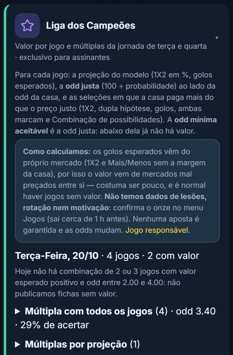 Cartão Liga dos Campeões aberto com a explicação, o dia 20/10 com 4 jogos, a múltipla com todos os jogos e as múltiplas por projeção