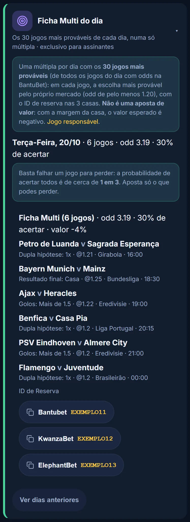 Cartão Ficha Multi do dia com a explicação, o dia 20/10 com 6 jogos de exemplo, odd 3.19, 30% de acertar e os IDs de Reserva de exemplo