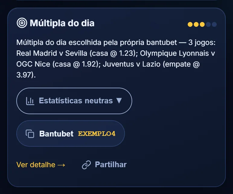 Cartão de uma sugestão com o jogo, a explicação, o selo das estatísticas e códigos de reserva de exemplo