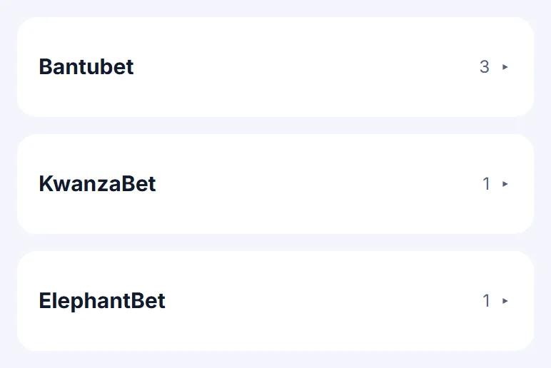 Lista do Top IDs com os cartões da Bantubet, KwanzaBet e ElephantBet fechados