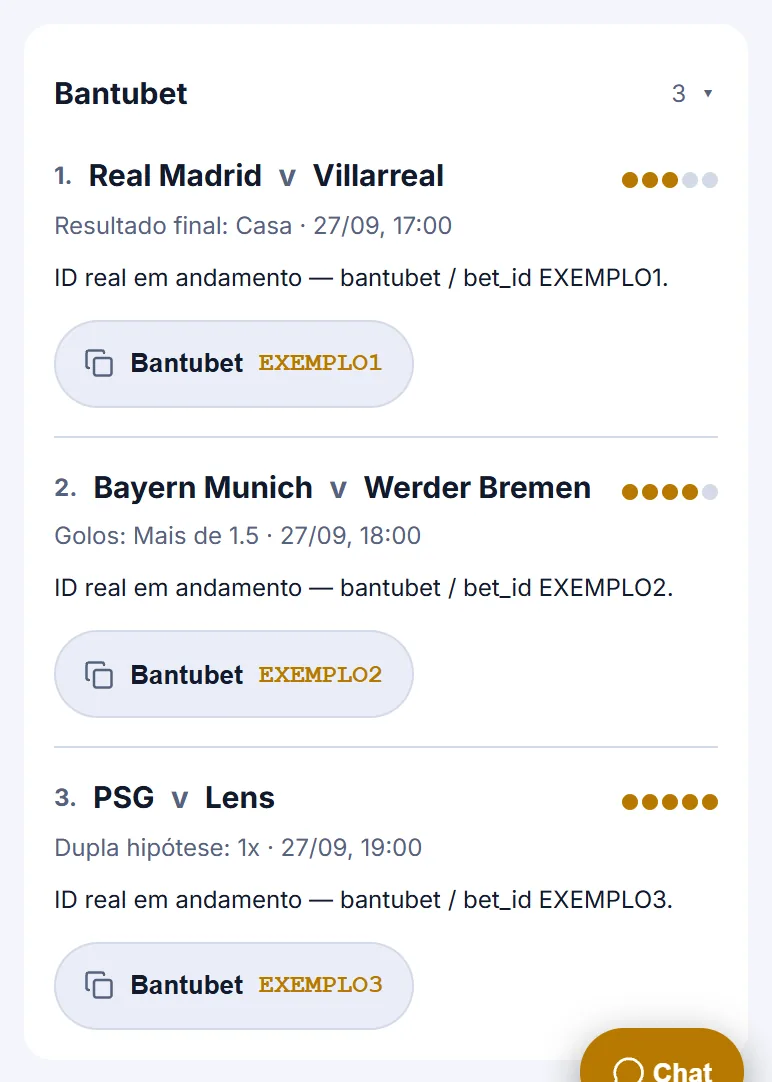 Cartão da Bantubet aberto com três IDs de exemplo, os jogos, as bolinhas de confiança e os IDs